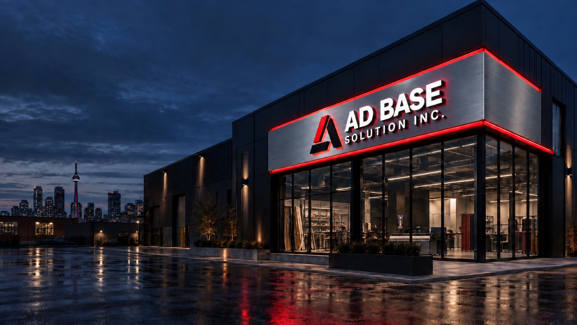 Architectural concept with an illuminated AD BASE Solution Inc. channel-letter sign at dusk